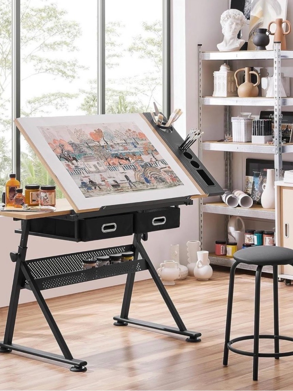 Adjustable Black Drafting Table with Storage Drawers